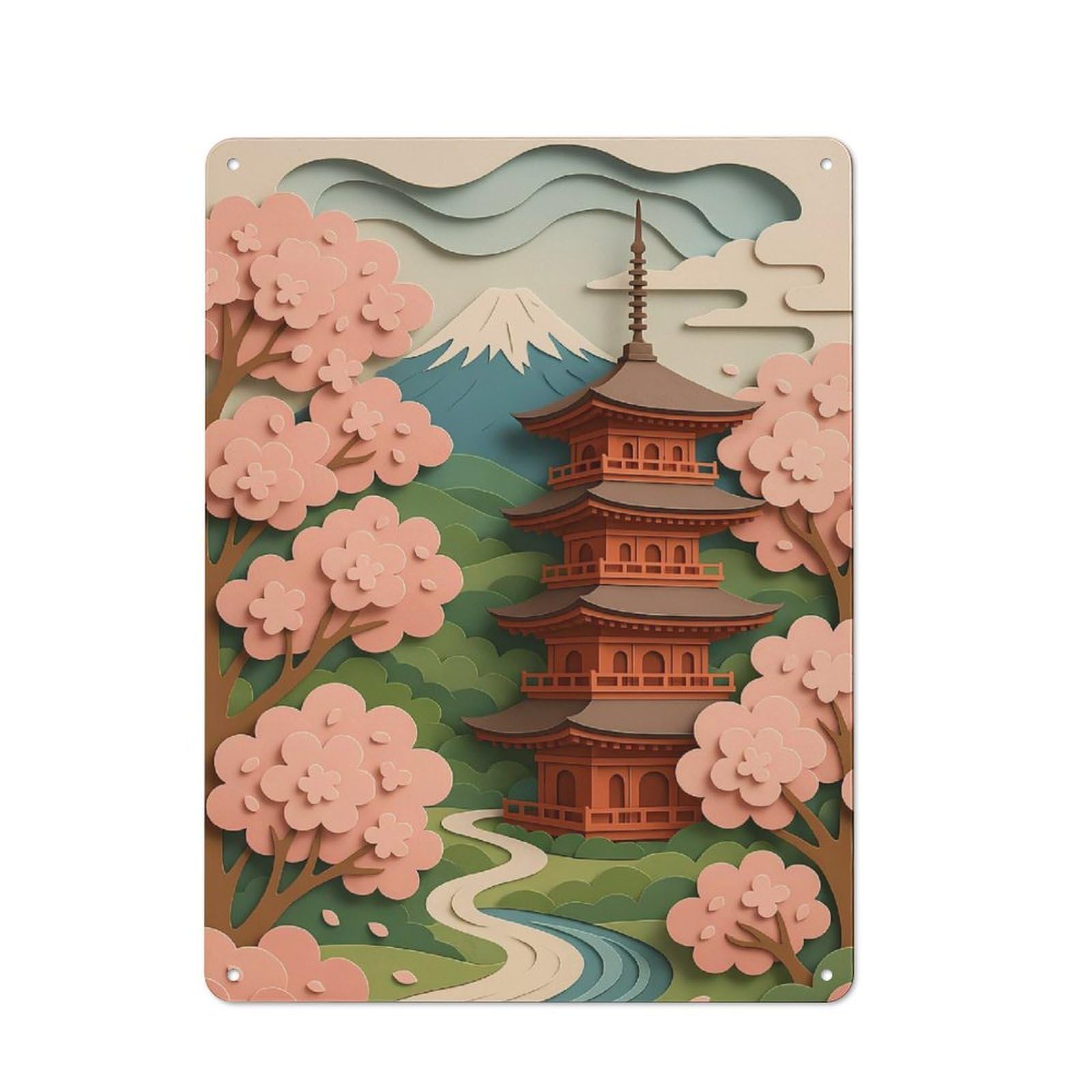 Nostalgic Japanese Pagoda with Cherry Blossoms Decorative Tin Plaque 40x30cm, Classic Pub Decor for Diner, Restaurant, Shed Or Kitchen