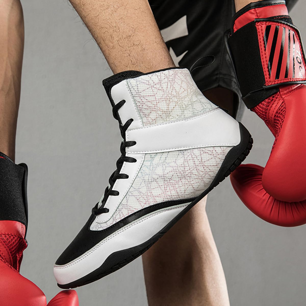 Zapatillas De Boxeo Alto Rendimiento para Hombres Zapatos de Lucha Libre Media Altura con Cordones, Superior de Malla Transpirab, para Entrenamiento Y Competición