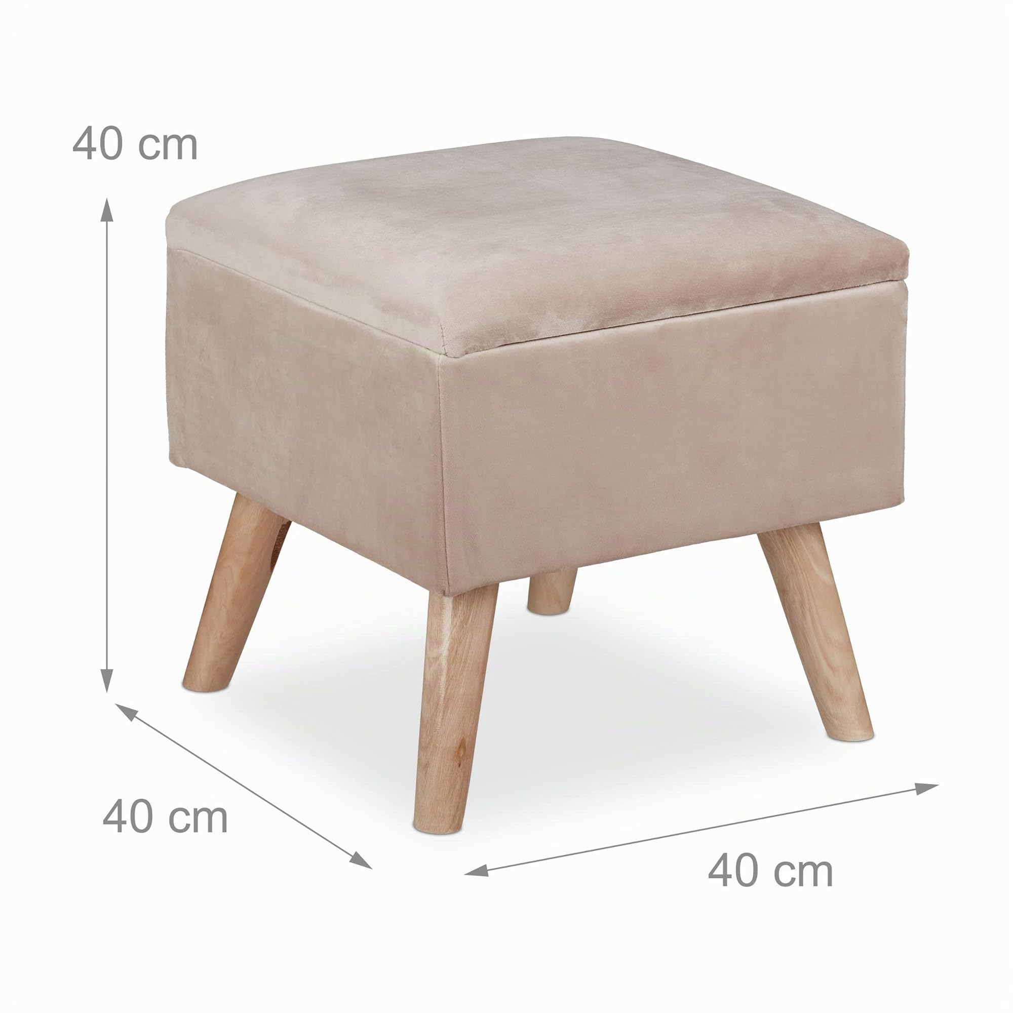 Relaxdays Sgabello Poggiapiedi, Velluto, Gambe in Legno di Eucalipto, Pouf Imbottito, Scomparto, HLP 40x40x40 cm, Crema