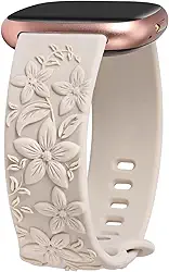 Compatível com Fitbit Versa 4/Versa 3/Sense 2/Sense - Pulseira esportiva solo com gravação floral, linda pulseira de silicone para mulheres