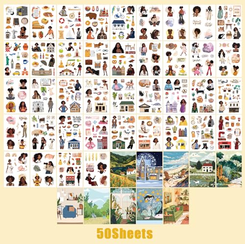 Image of Black Girl Sticker Book, 50 Sheets for Journals and Planners | 40 sticker sheets plus 10 scrapbook papers with Black girl artwork for journals, planners, vision boards and DIY crafts
