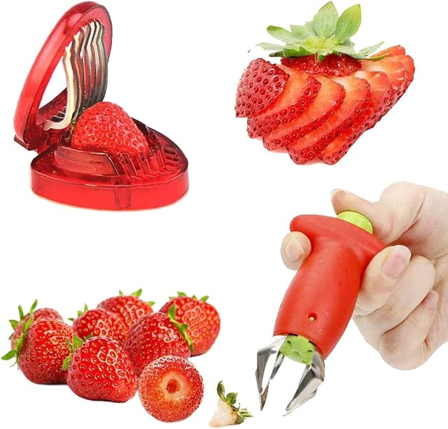 Strawberry Slicer, Strawberry Huller, Strawberry Pedicle Remover, Stainless Steel, for Kitchen Fruit Processing, Tomato Pedicle Removal, Strawberry Cutting (Red)