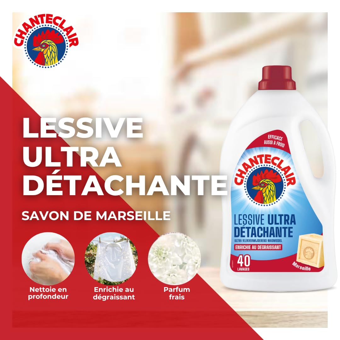 Chanteclair - Lessive Liquide Concentrées Marseille, Enrichie au Dégraissant, Ultra Détachantes et Efficaces aussi à Froid, 40 lavages - 8x 1800 ml