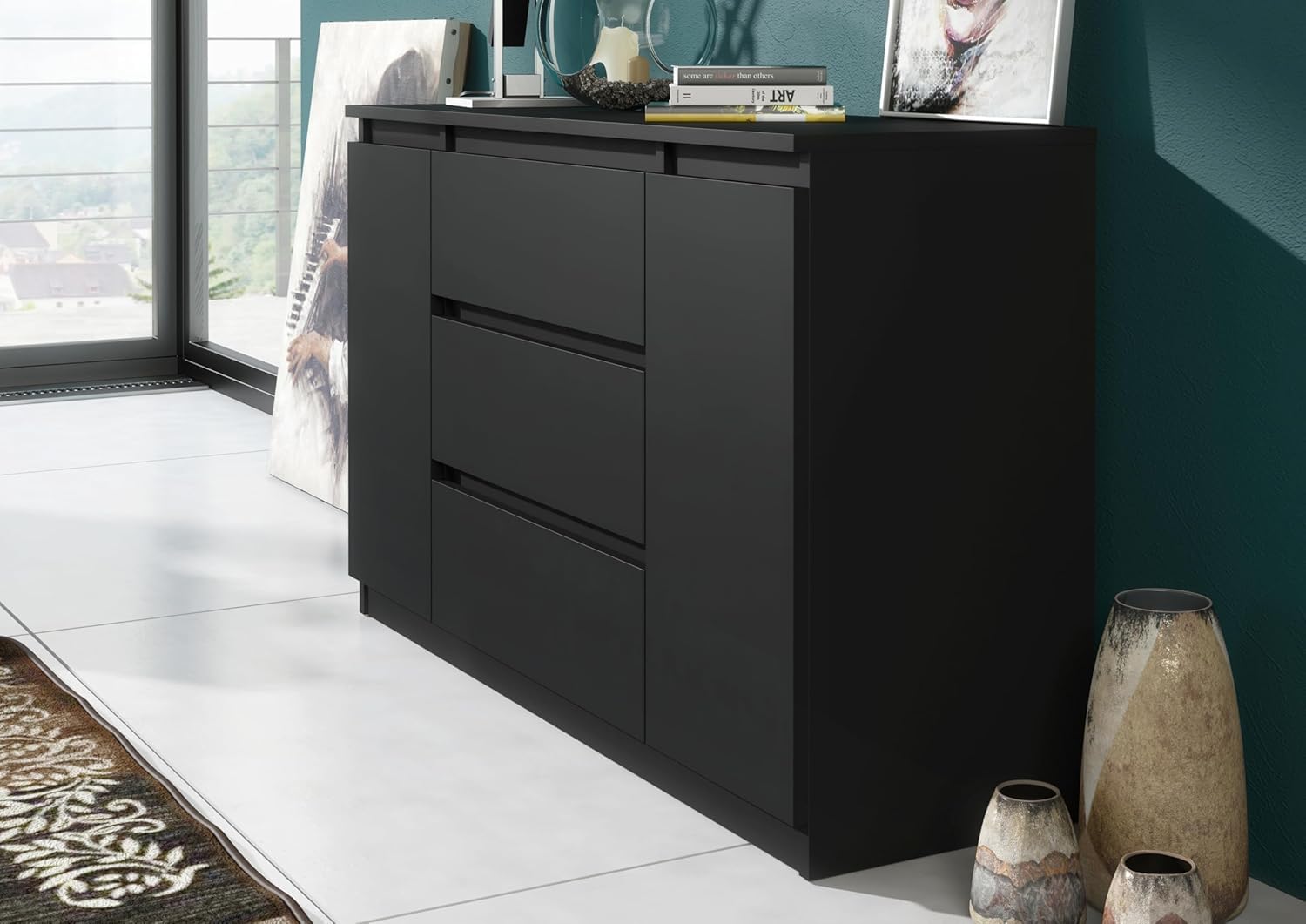 meble masztalerz Komoda Czarna Matowa z 3 szufladami i 2 drzwiami - 120,4x78,2x39 cm - Komoda do salonu, sypialni - Szafka z szufladami - Komoda z szufladami | Szafa komodowa 120, 4 x 78, 2 x 39 cm, nowoczesna szafa z szufladami, kredens do salonu, przedp