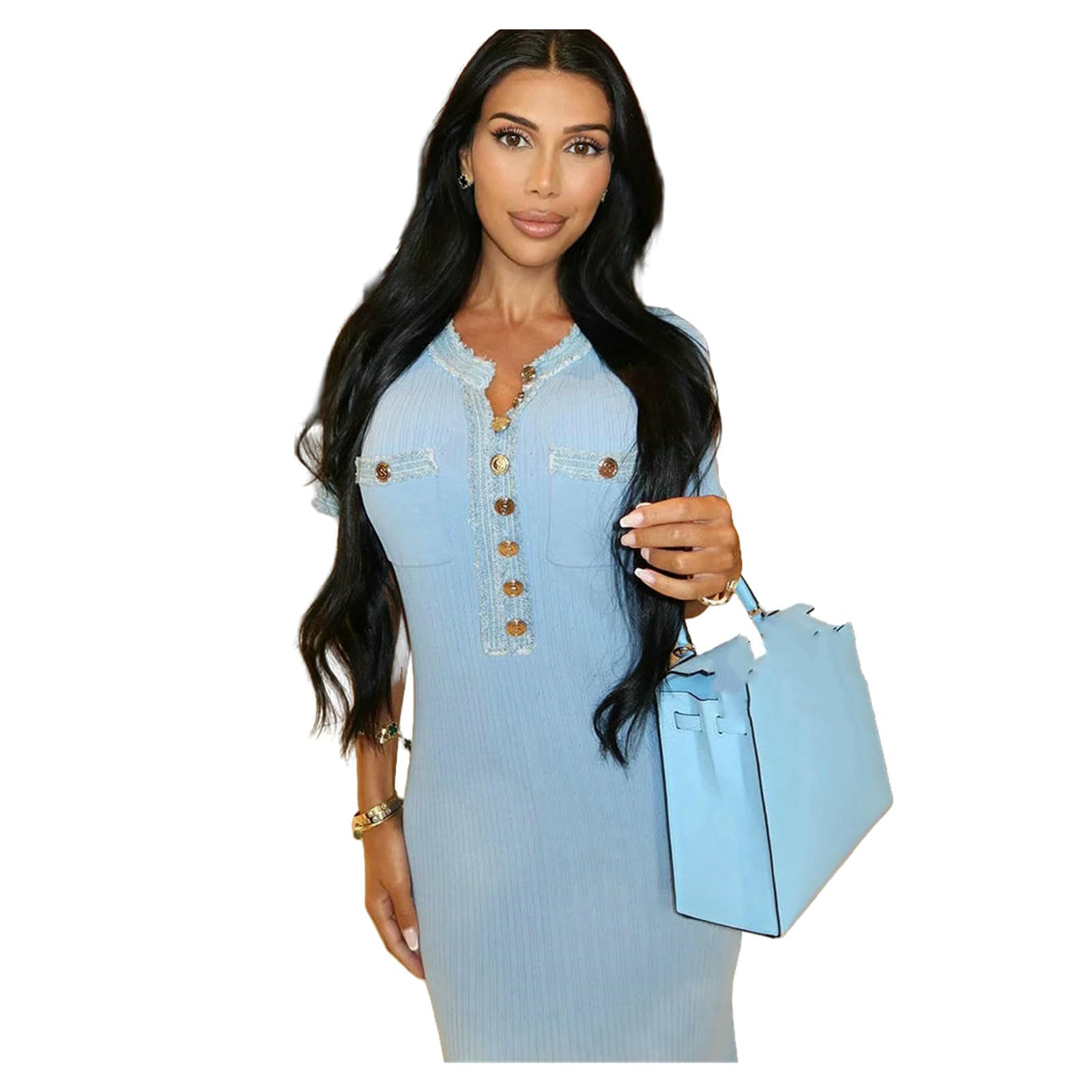 Kleid Damenmode Metall Einreihig Strick Maxikleid Elegantes V-Ausschnitt Plissee Wrap Hüftkleid Schlankes Kurzarm A-Linie Robe-blau-m