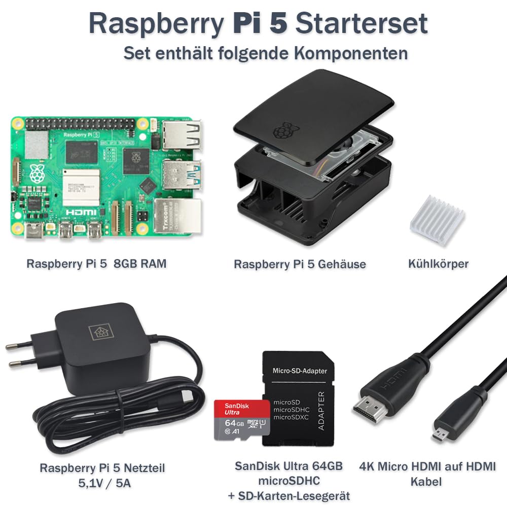 Raspberry Pi 5 8GB Starter-Kit schwarz mit 27W Netzteil, Gehäuse, 64GB SD Karte & 4K HDMI Kabel