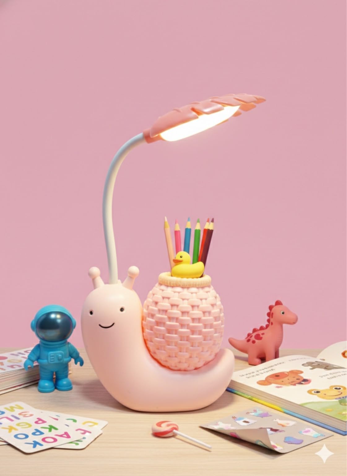 Cute Snail LED Desk Lamp with Pencil Holder, Kids Study Table Lamp with Warm Light, Cartoon Night Light for Children Bedroom and Study Room, Pink, 28cm Height-image-44