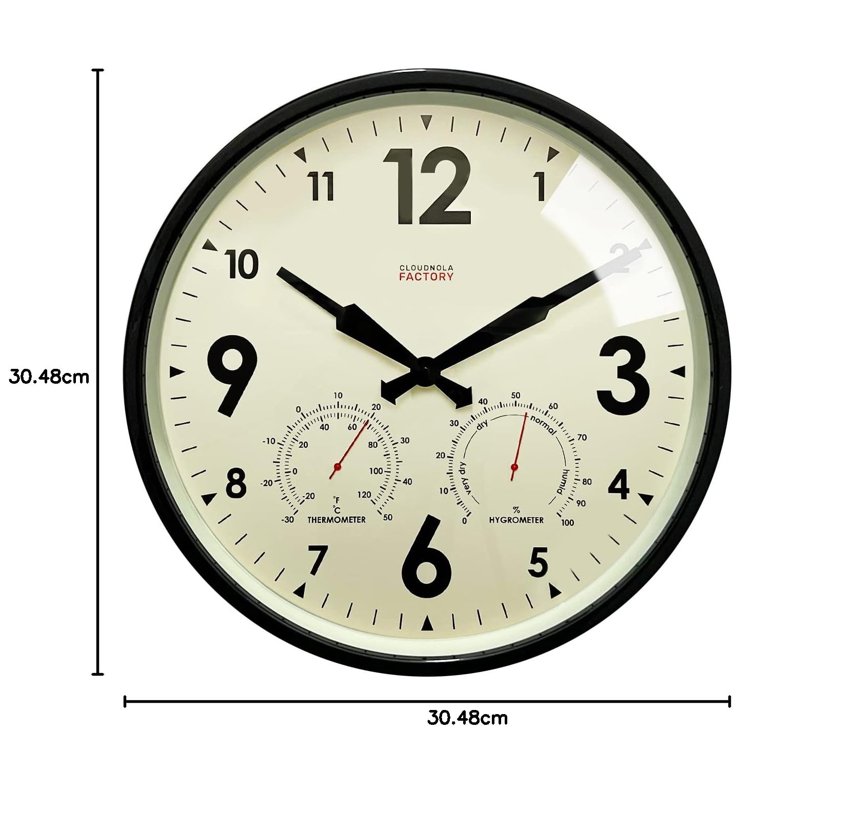 Cloudnola Horloge Murale en métal étanche pour intérieur et extérieur avec thermomètre et hygromètre, Vert, 30,5 cm, silencieuse, sans tic-tac