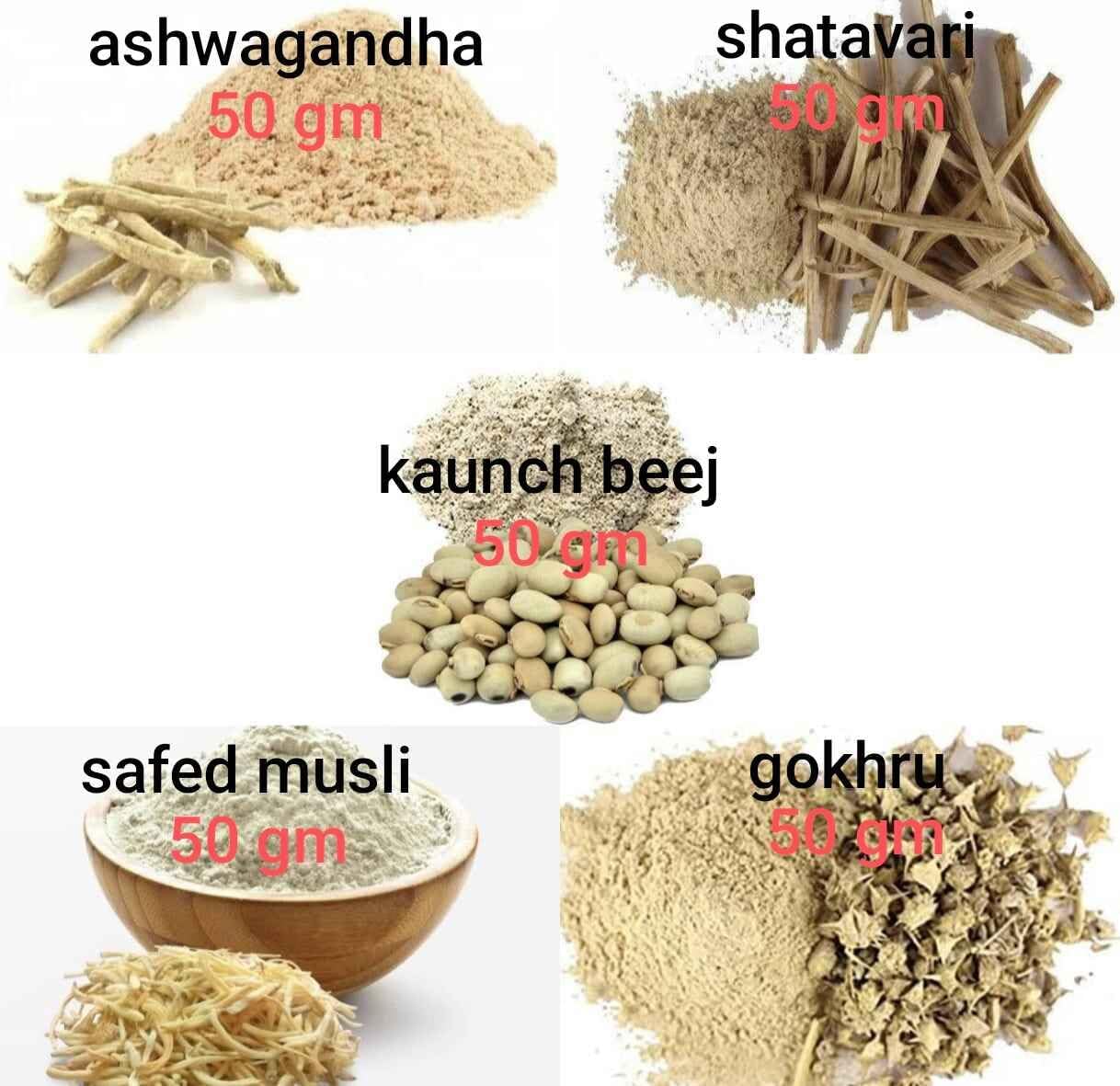 Ayurvedic Zone Ashwagnadha, Shatavari, Safed Musli, Kaunch Beej, Gokhru Powder Combo 250 gm(50 gm each) JadiBooti Powder — Amazon image 3