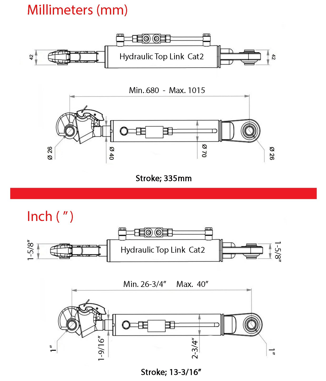 Terzo punto idraulico cat 2-2 per trattore min. 680→ max. 1036 con 2x tubi