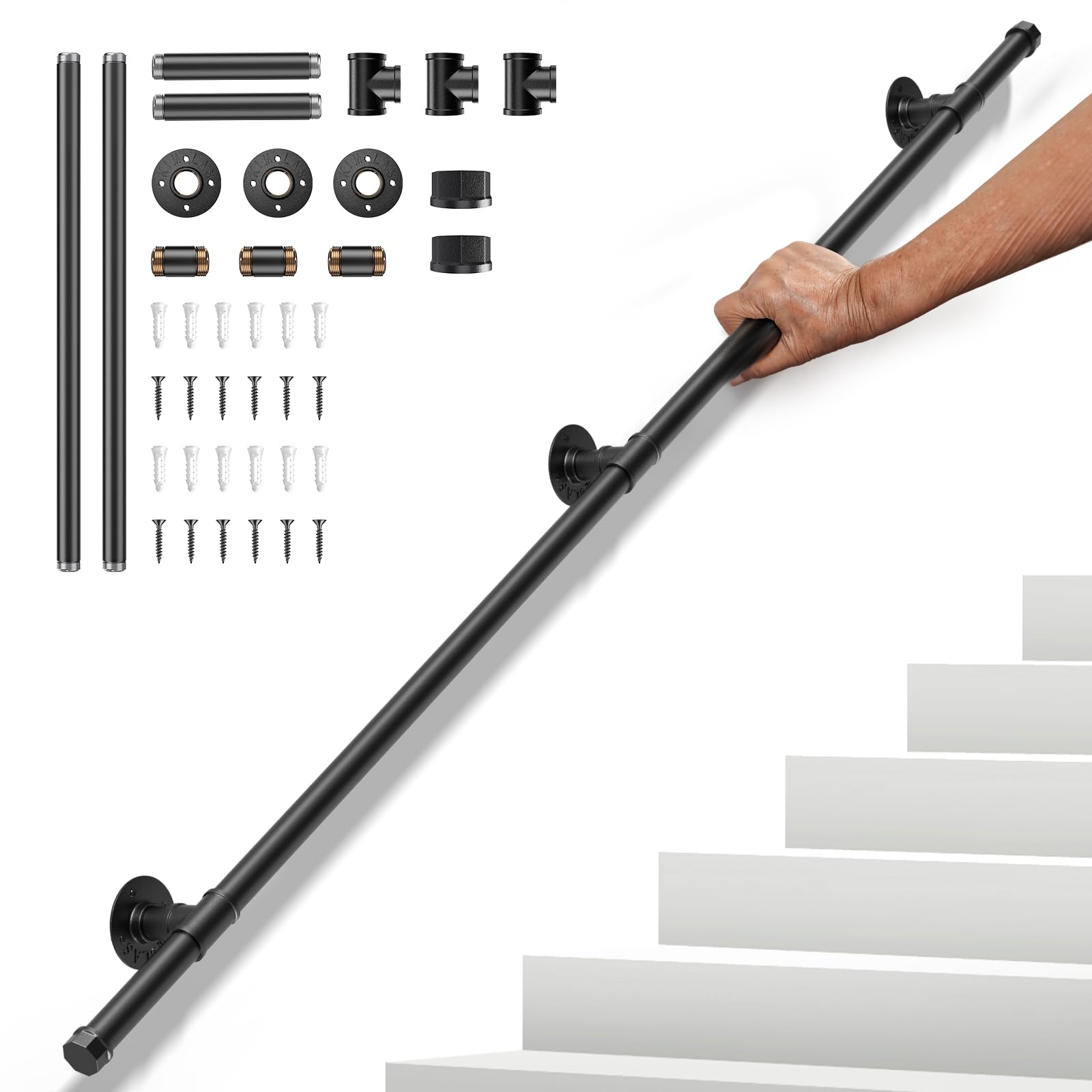 Corrimano per Scale Interne, 2 Sezioni da 1.5M Passamano per Scale Interne in Metallo, Senza Barriere Antiscivolo e di Sicurezza per Interni, Ringhiera per Scale Adatto a Bambini, Disabili e Anziani