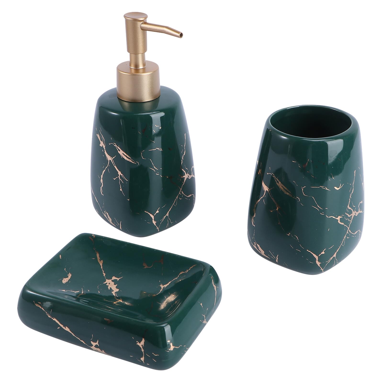 Angoily Set Accessori Bagno 3 Pezzi Dispenser Sapone e Portaspazzolino in Marmo Verde Smeraldo, Vassoio Portaoggetti Decorativo per Organizzazione e Igiene Quotidiana