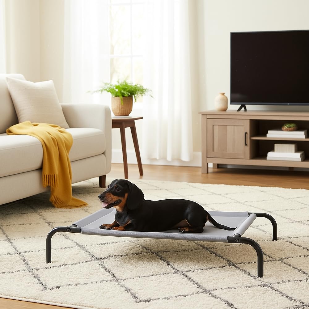 Amazon Basics Legowisko chłodzące dla psa, podwyższone, z metalową ramą, S, szare, 90,42 cm dł. x 55,37 cm szer. x 19,55 cm gł.