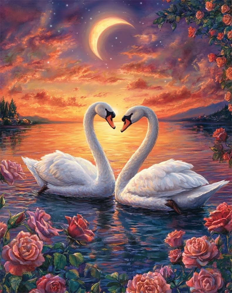 Henypt Printed Cross Stitch Kits for Adults Two White Swans DIY 11 Ct Embroidery Sewing Starter Kit Stamped Needlework Home Decor (Stamped)