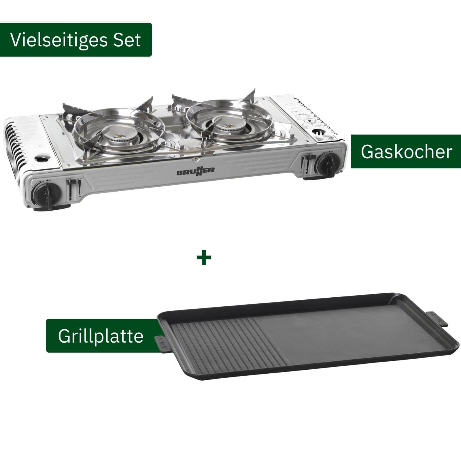 BRUNNER: 2-in-1 Tisch Camping-Kocher Zweiflammig Edelstahl Gasgrill & Gaskocher - DEVIL DOUBLE GRILL für Ventil-Kartuschen - für Camper-Van, Wohnwagen, Wohnmobil, Boot