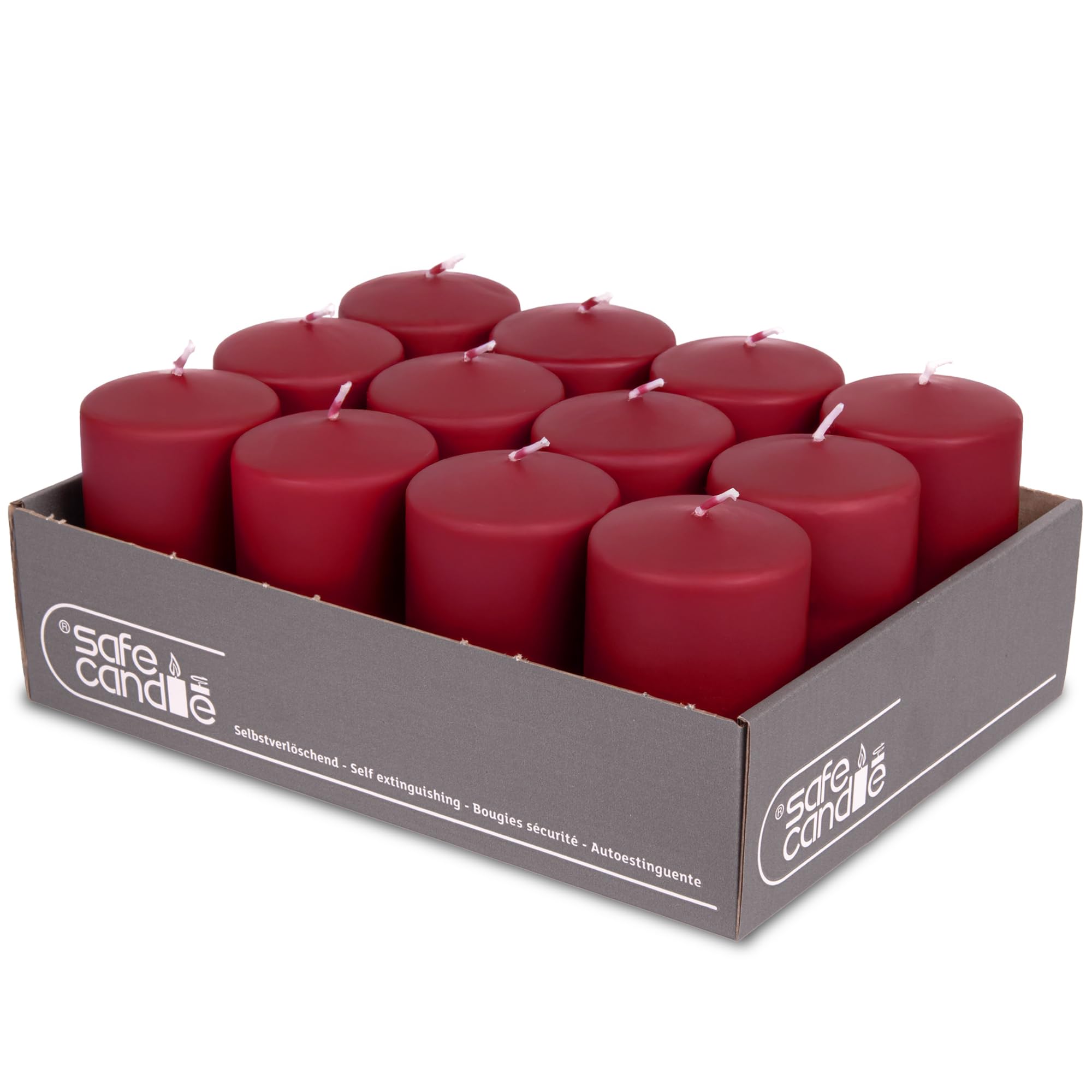 Confezione da 12 candele a pilastro, 100/60 mm, autoestinguenti, con certificazione RAL, durata 36 ore, 100% Made in Germany by Wenzel Kerzen (rosso antico)