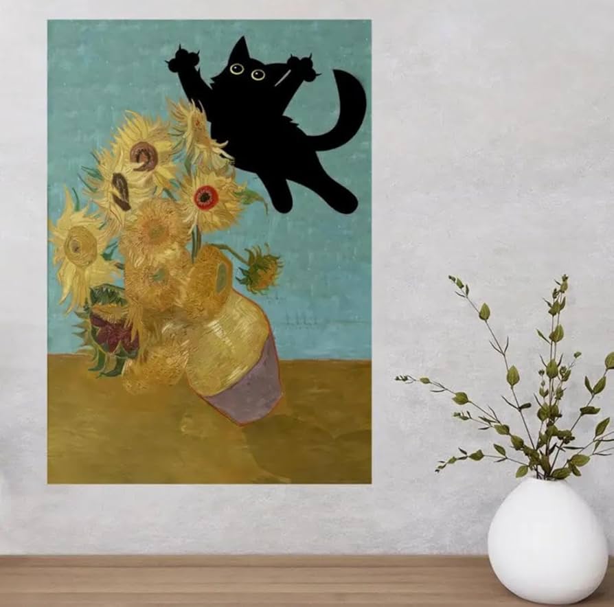 絵画 猫 ゴッホ 向日葵 ミニ画 パロディ オマージュ cat art Gogh Amazon.co.jp: ゴッホ『ひまわり』と黒猫 オマージュモダン