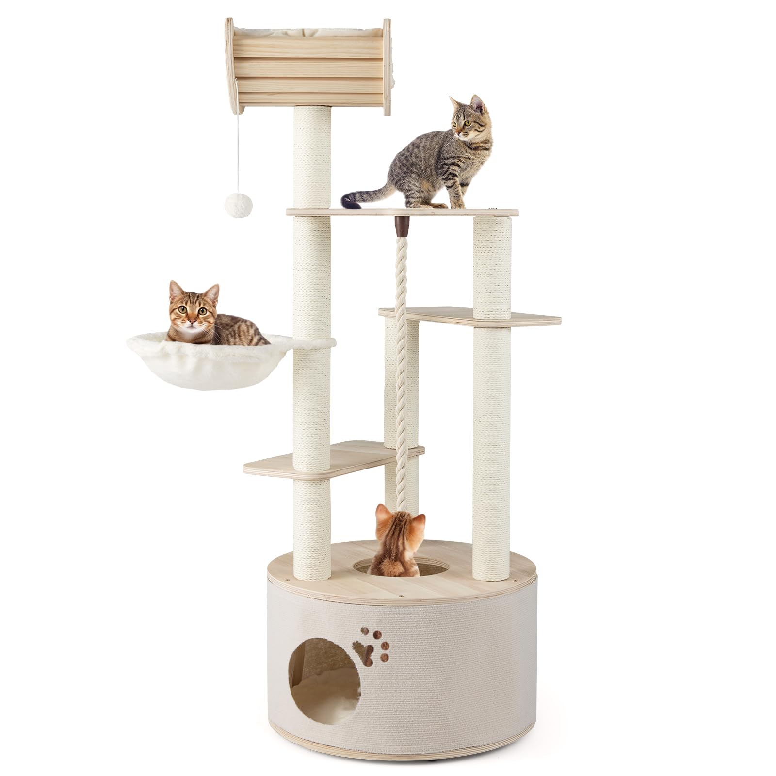 COSTWAY 141cm Cat Tree, Wooden Cats Climbing Tower with Condo, Scratching Posts, Top Curved Perch, Hanging Ball and Rope, Kitten Activity Center for Indoor Cats