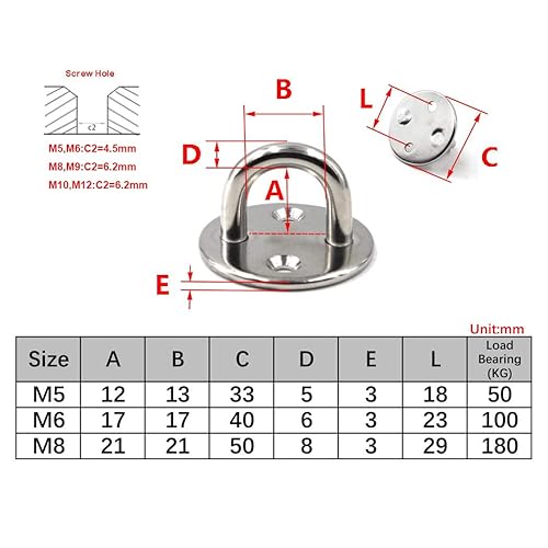 Miniatura 6 de Flomore M5 - Gancho de techo para placa de ojo de acero inoxidable 304, resistente para colgar (paquete de 6, tornillos incluidos)