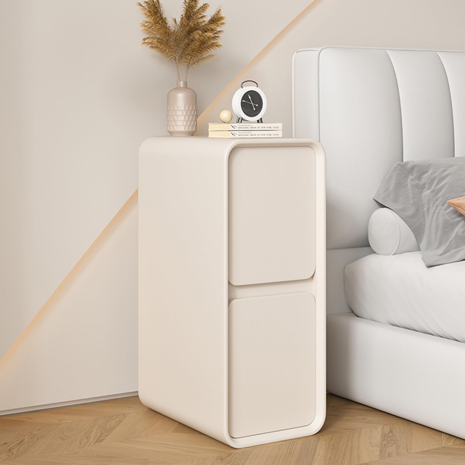 MESCXTY Narrow Bedroom Nightstand with Drawers, Small Wooden Bedside Table, Modern Leather Surface, Space Saving Storage Night Stand for Spaces(20x40x47cm(7.8"x15.7"x18.5"), Beige)