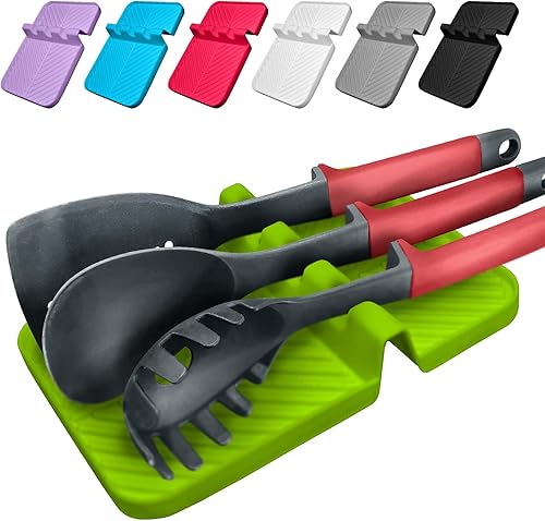 Luxet Soporte de cuchara actualizado para encimera de cocina, soporte de utensilios de silicona resistente al calor para encimera con almohadilla de