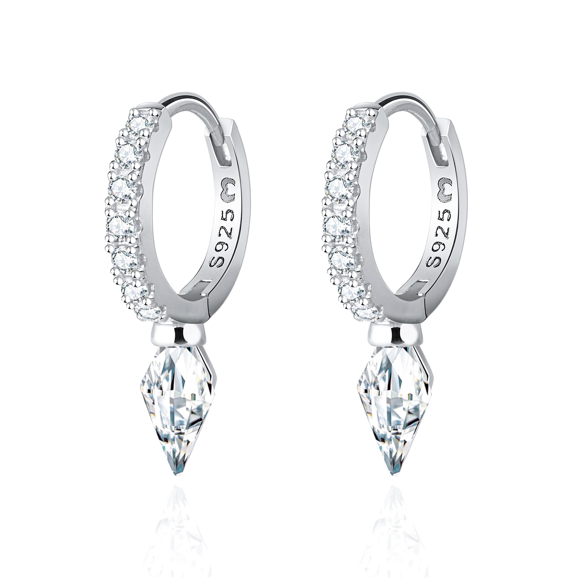 MARLION JEWELS Pendientes de Plata de Primera Ley (S925) Aros Brillantes con una Circonita Colgante en Forma de Diamante. Pendientes Acabados en Plata o Baño Oro 18K. Joyería para mujer.