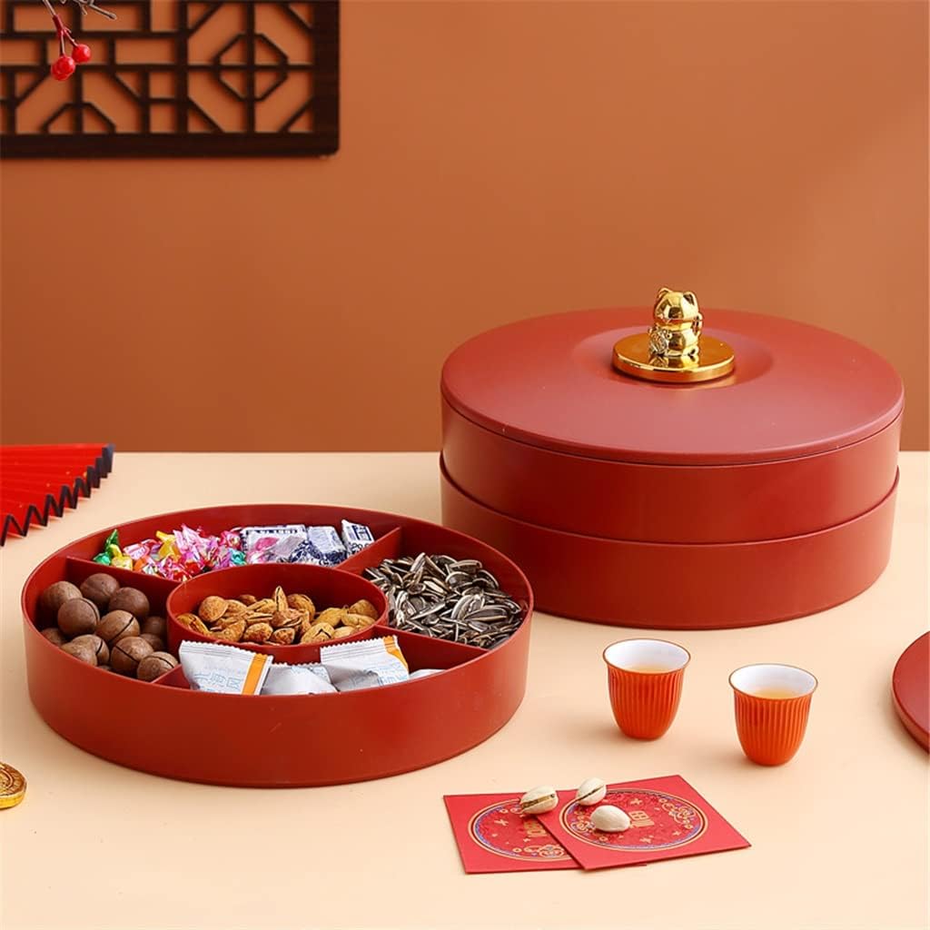 JSEIAJB New Year Candy Box Home Living Room Tea Layer Fruit Tray With Cover Snack Storage Box New Year Dried Fruit Tray(Red1) image 3