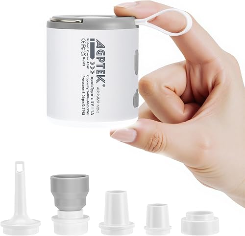 AGPTEK Portable Air Pump for Inflatables, 5.5kPa 1600mAh Tiny Rechargeable Electric air Pump with Led Light for Air Mattress Pool Floats, Vacuum