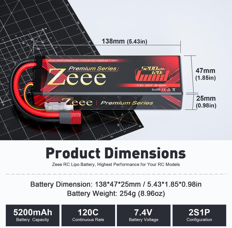 Miniatura 2 de Zeee Batería Lipo Serie Premium 2S 5200mAh 7.4V 120C Baterías de estuche rígido con enchufe T para vehículos RC 18 110 automóviles, camiones,