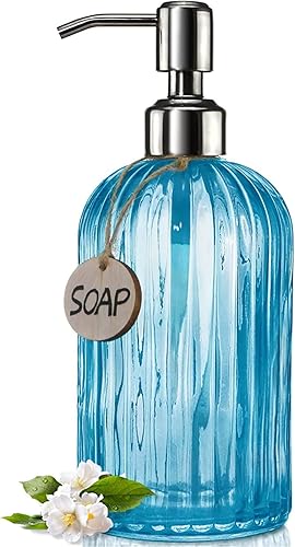 V-Shine Dispensador de jabón de vidrio transparente de 18 onzas con bomba de acero inoxidable a prueba de óxido, dispensador de jabón líquido
