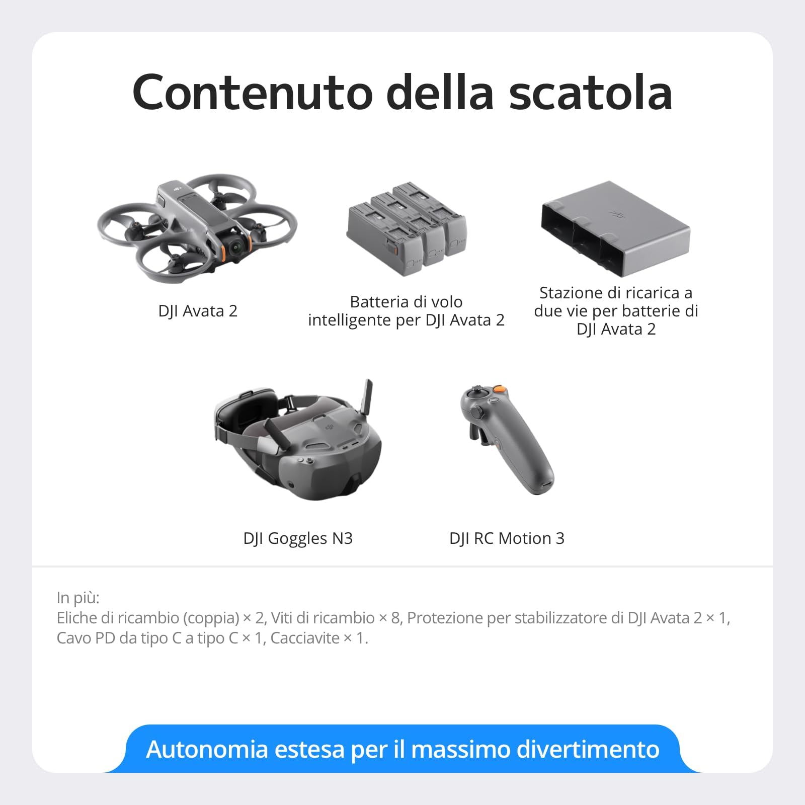 DJI Avata 2 Fly Smart Combo (tre batterie), drone FPV con fotocamera 4K, esperienza immersiva, paraeliche integrati, FOV da 155°, drone con fotocamera con Goggles N3 e RC Motion 3