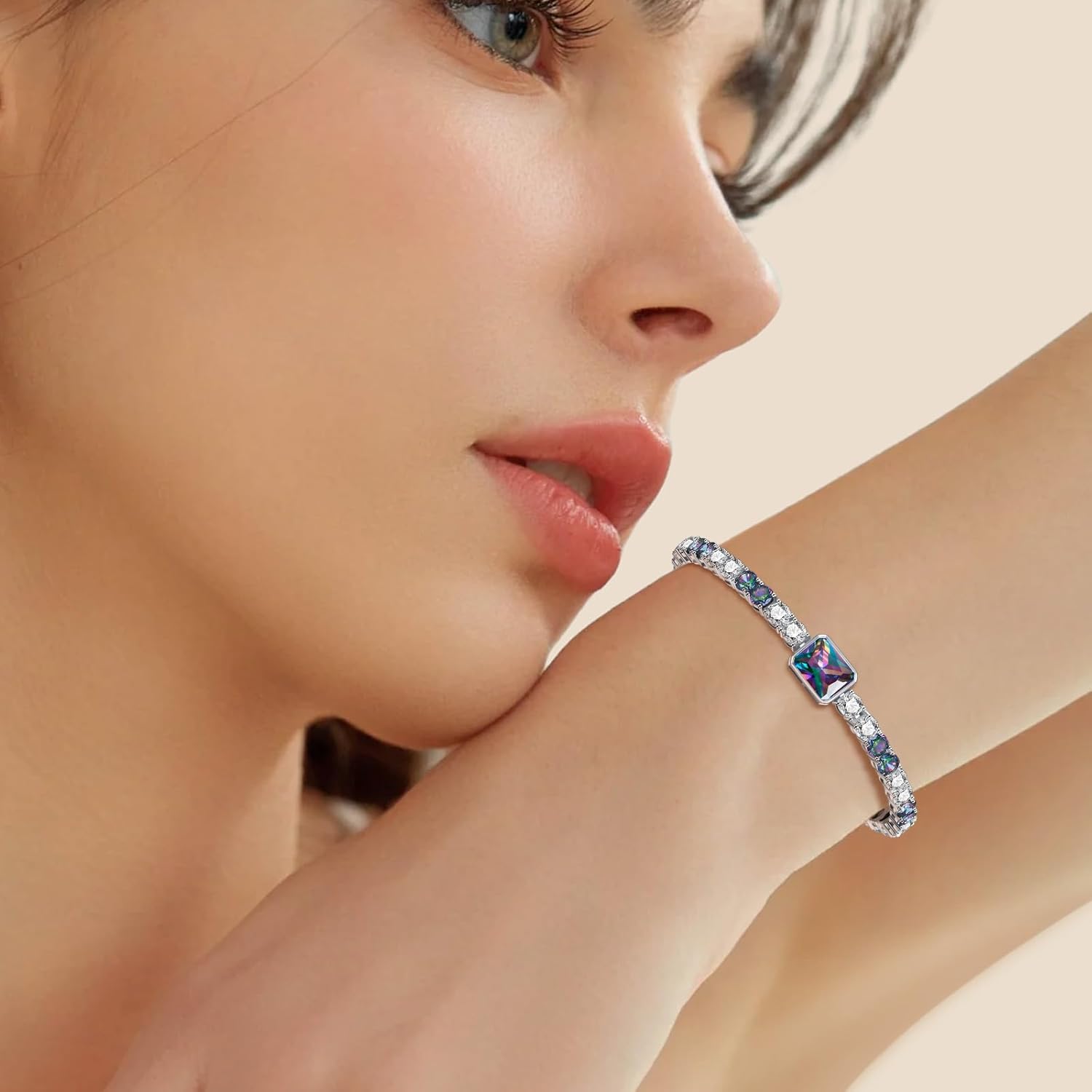 Birthstone Bracelets for Women Birthday Gifts 4CT Radiant Cut Birthstone 4mm Sterling Silver White Gold Tennis Bracelets for Women Round Cut 5A Cubic Zirconia Bezel Setting 7 Inch - Image 2