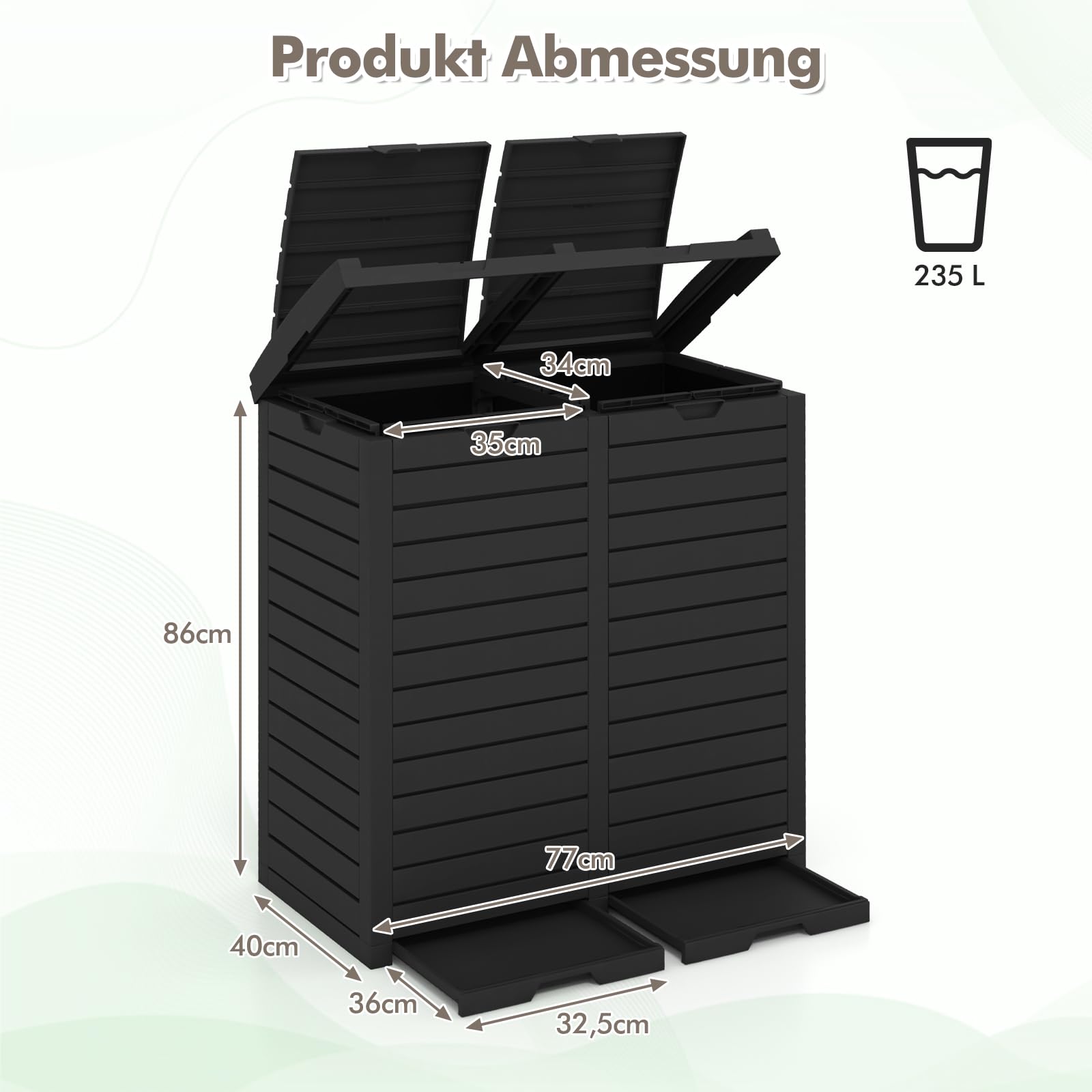 COSTWAY Mülleimer mit Doppeldeckel, 235 L, Mülltonne Outdoor, Abfalltonne mit ausziehbarer Auffangschale & Griff, wasserdichter Müllbehälter, Abfalleimer für Garten Hinterhof Terrasse (Schwarz)