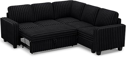 Miniatura 9 de Belffin Sofá Seccional Modular de Pana de Felpa con Cama Extraíble Convertible Sofá Esquinero Pequeño Seccional para Sala de Estar Sofá Negro Negro