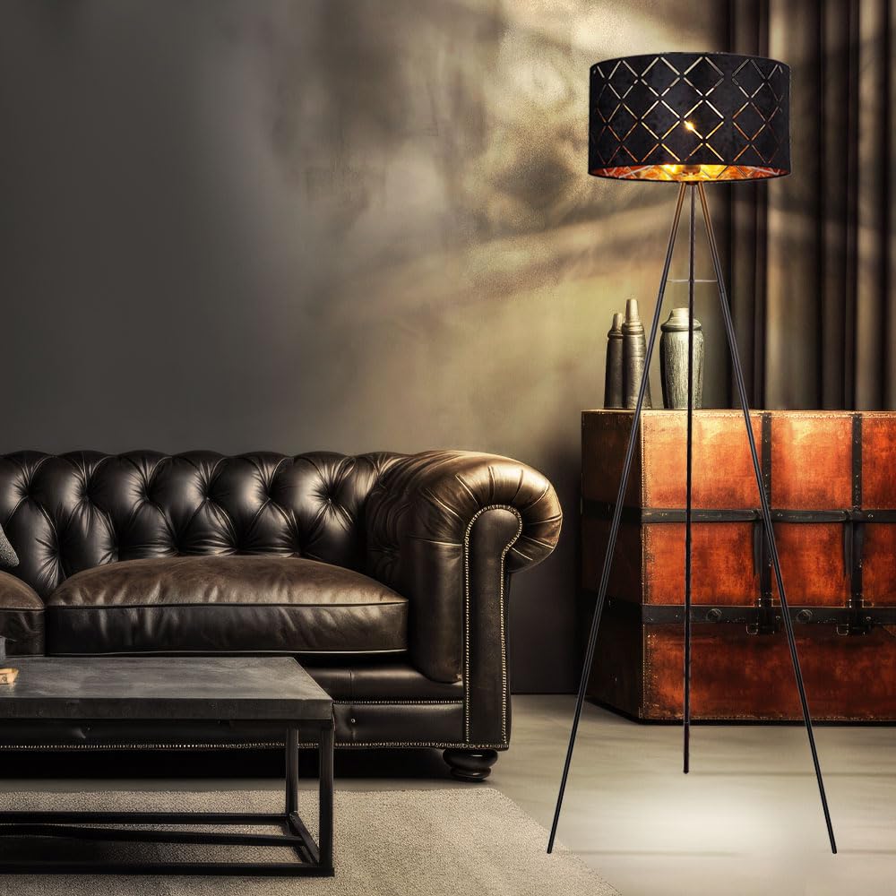 LED Stehlampe Stehleuchte Beistelllampe Wohnzimmerlampe Schlafzimmerleuchte Stativleuchte, 3 Beine textilschirm schwarz gold, 9W 810 lm warmweiß, DxH 69x149cm