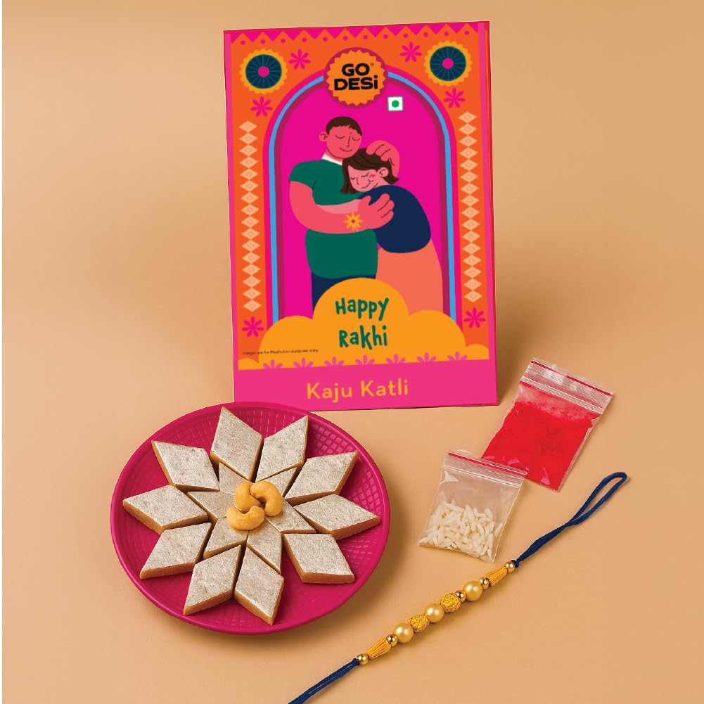 GO DESi Kaju Katli 100 grams and Rakhi Combo | Rakhi Gift for Brother | Roli Chawal Set | Raksha Bandhan Sweets Combo Hamper | Indian Sweets Mithai