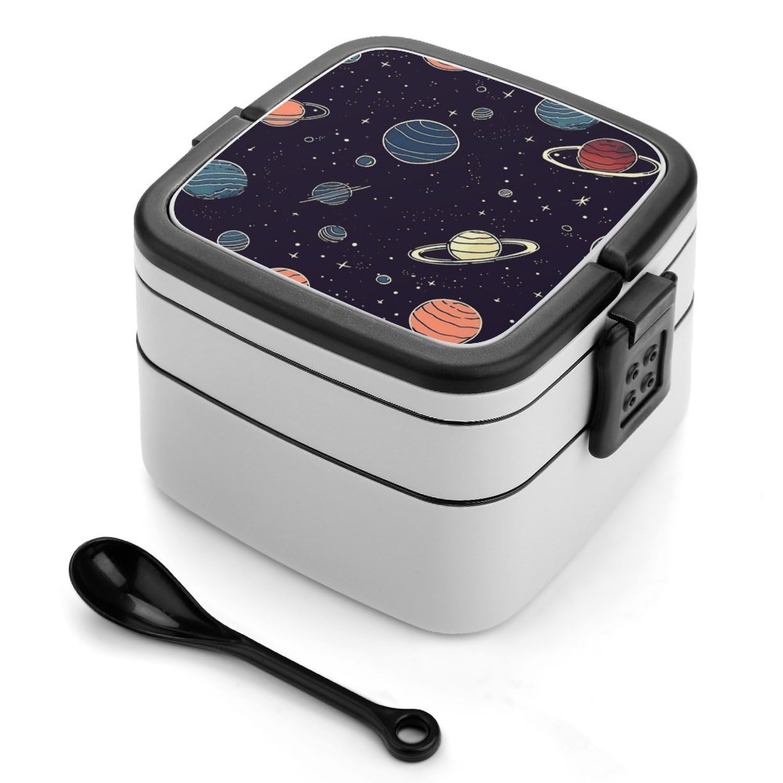 FekiLoot Space Planet Pattern Bento Box Adult Lunch Box Sealed Bento Lunch Boxes with Spoon Sturdy Double Layer Bento Boxes Snap-on Design Leak Proof Lunch Containers Ideal for Work