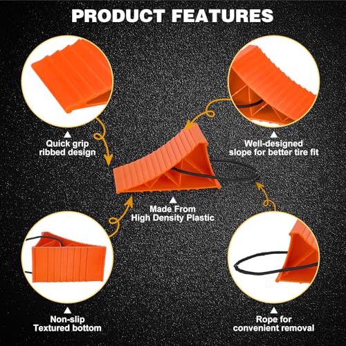 Image of Wheel Chocks, 4 PACK Heavy Duty Wheel Chocks for Car with Rope for Easy Removal, Durable, Non-Slip, Hard Plastic Tire Stopper Blocks for RV, Camper, Trailer, Effective in Keeping Your Vehicle in Place