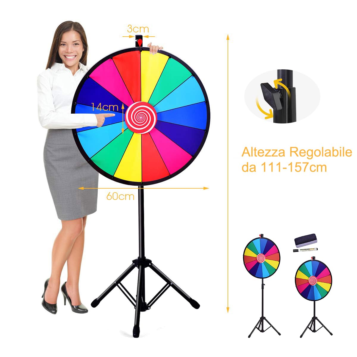 RELAX4LIFE Ruota della Fortuna 60 cm/24’’ da Terra con Altezza Regolabile 111-157cm, 14 Slots Colorate, Scrivibili, Cancellabili,Pennarello e Cancellino, Base in Treppiedi, 2 Indicatori da Ricambio