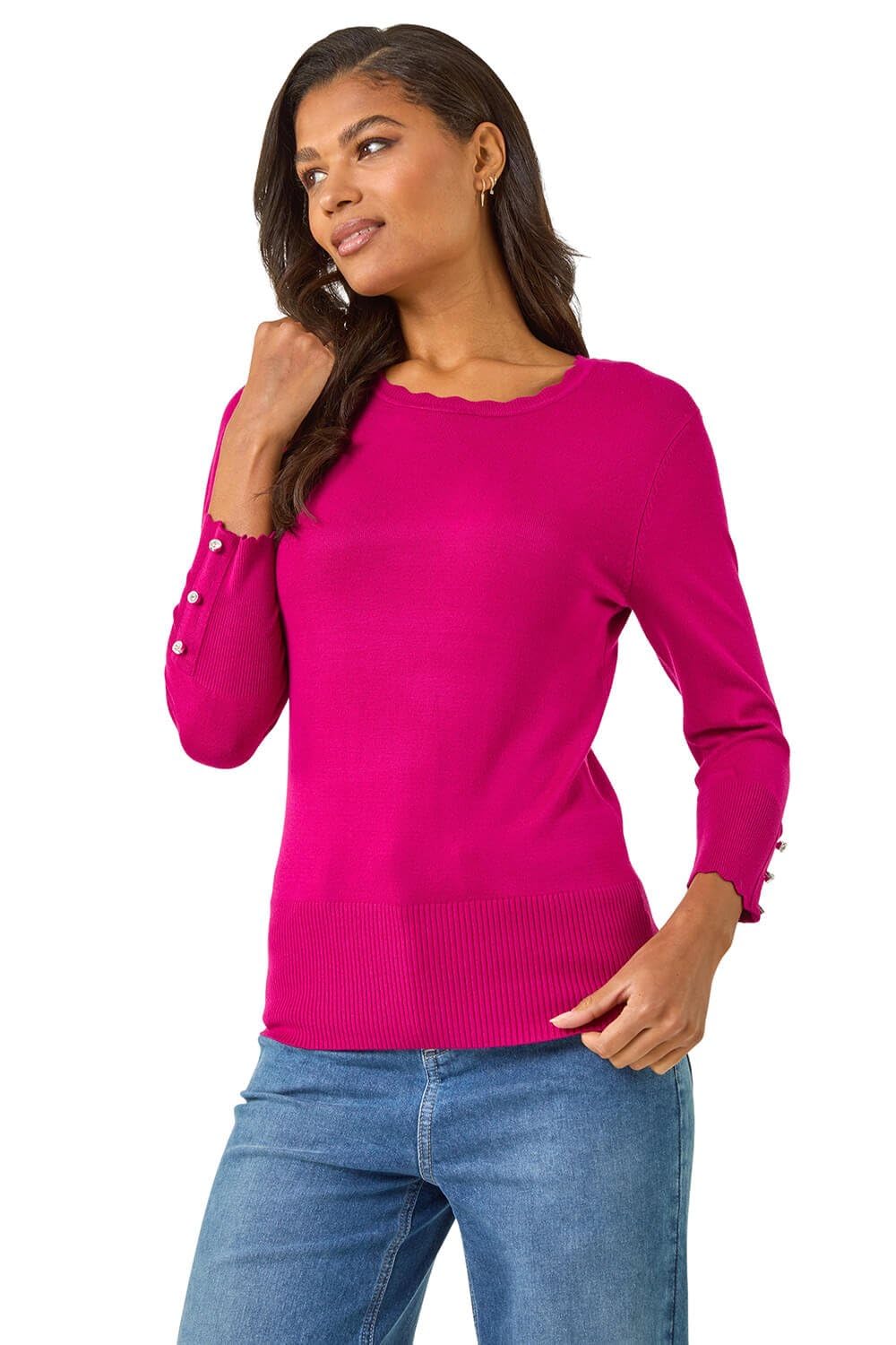 Roman Originals Women's Fuchsia Roman Diamante Button Scallop Edge Jumper For Uk Autumn Everyday Winter Holiday Round Neckline Comfy Long Sleeve Soft Slim Fit Knitted Sweater Warm Tops - Size 10