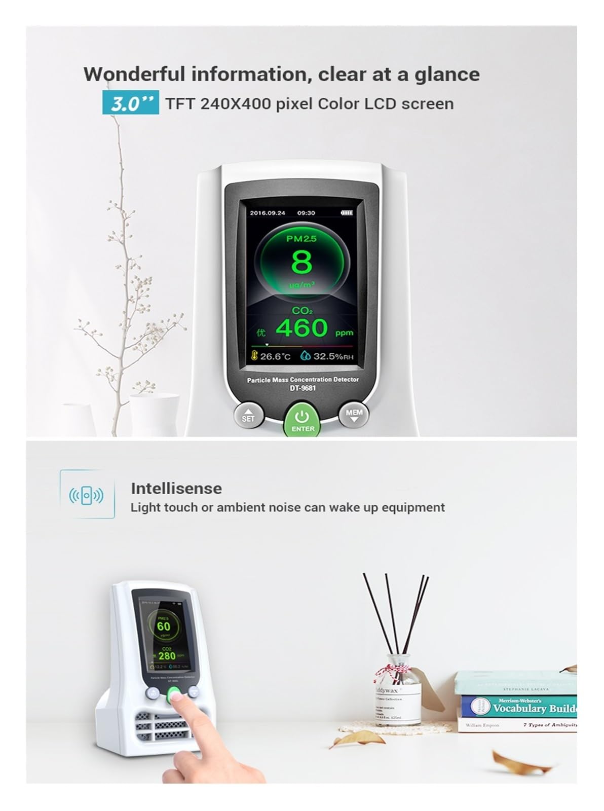 Detector de gas, Detector de calidad del aire Monitores de concentración de masa de partículas Formaldehído PM2.5/PM10 CO2 Humedad Temperatura