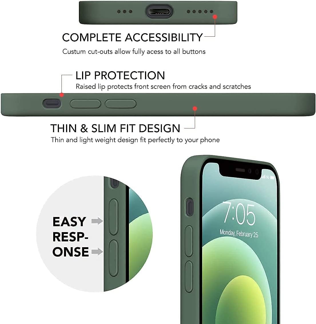 OuXul Compatible with iPhone 12 Case/iPhone 12 Pro Case Liquid Silicone Gel Rubber Phone Case,Case for iPhone 12/12 Pro Case 2020 Cover 6.1” Slim Soft Microfiber Lining Protective Case (Forest Green)