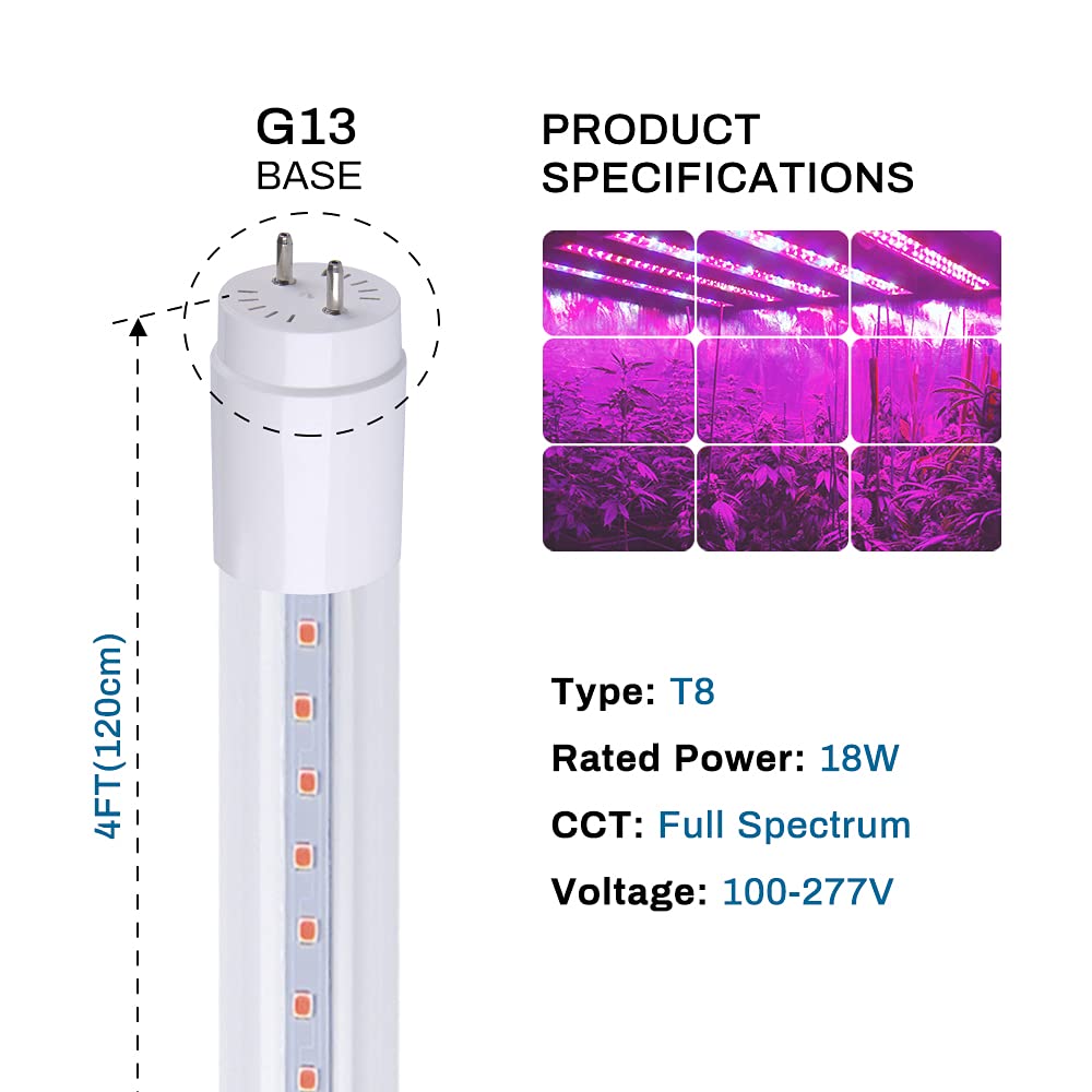 4 Pack T8 LED Grow Light Tube for Plants, 18 Watts, 4FT, Full Spectrum, Ballast Bypass,Grow