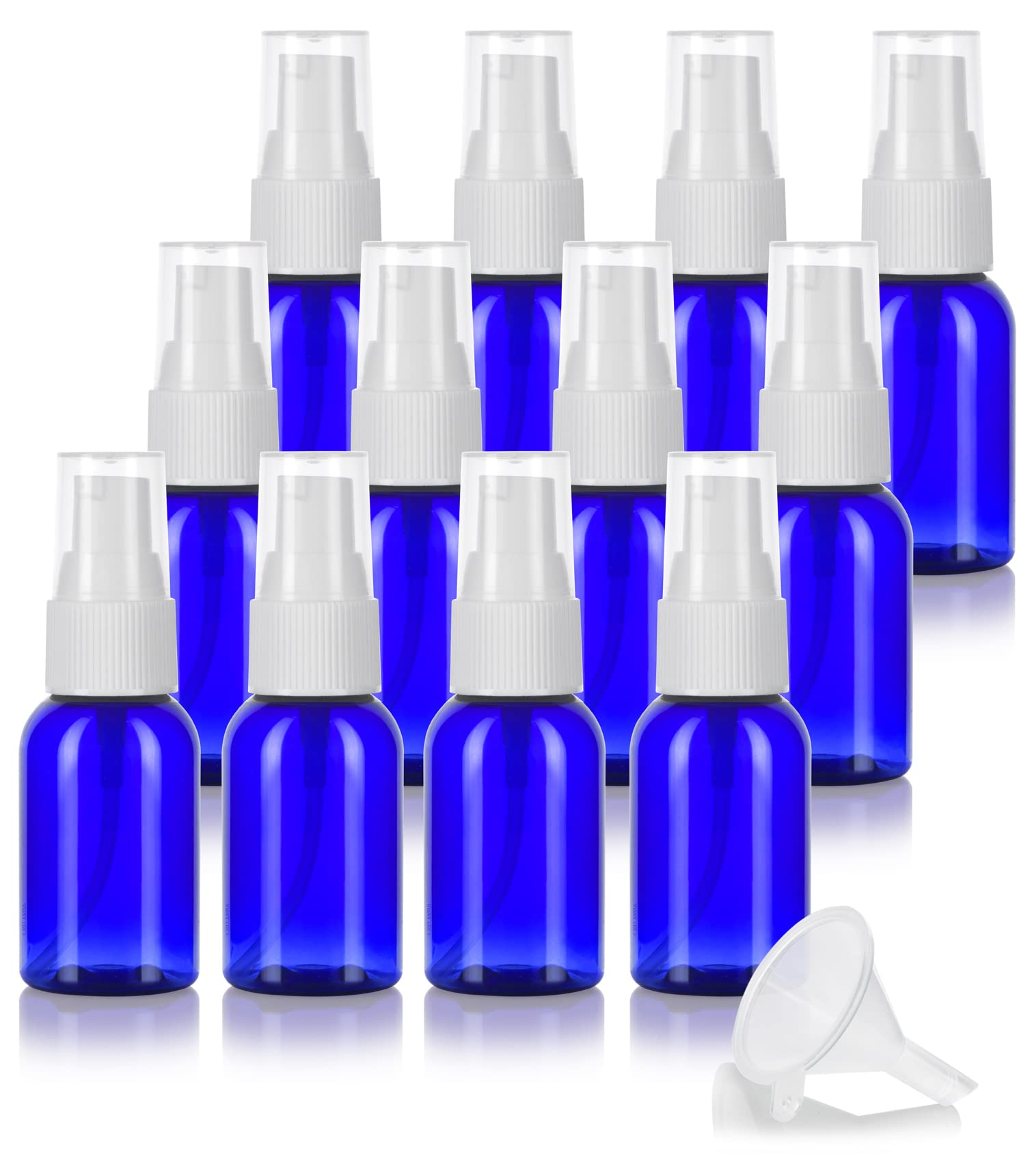 JUVITUS 1 oz Cobalt Blue Boston Round PET (BPA Free) Bottle with White Fine Mist Spray (12 Pack) + Funnel