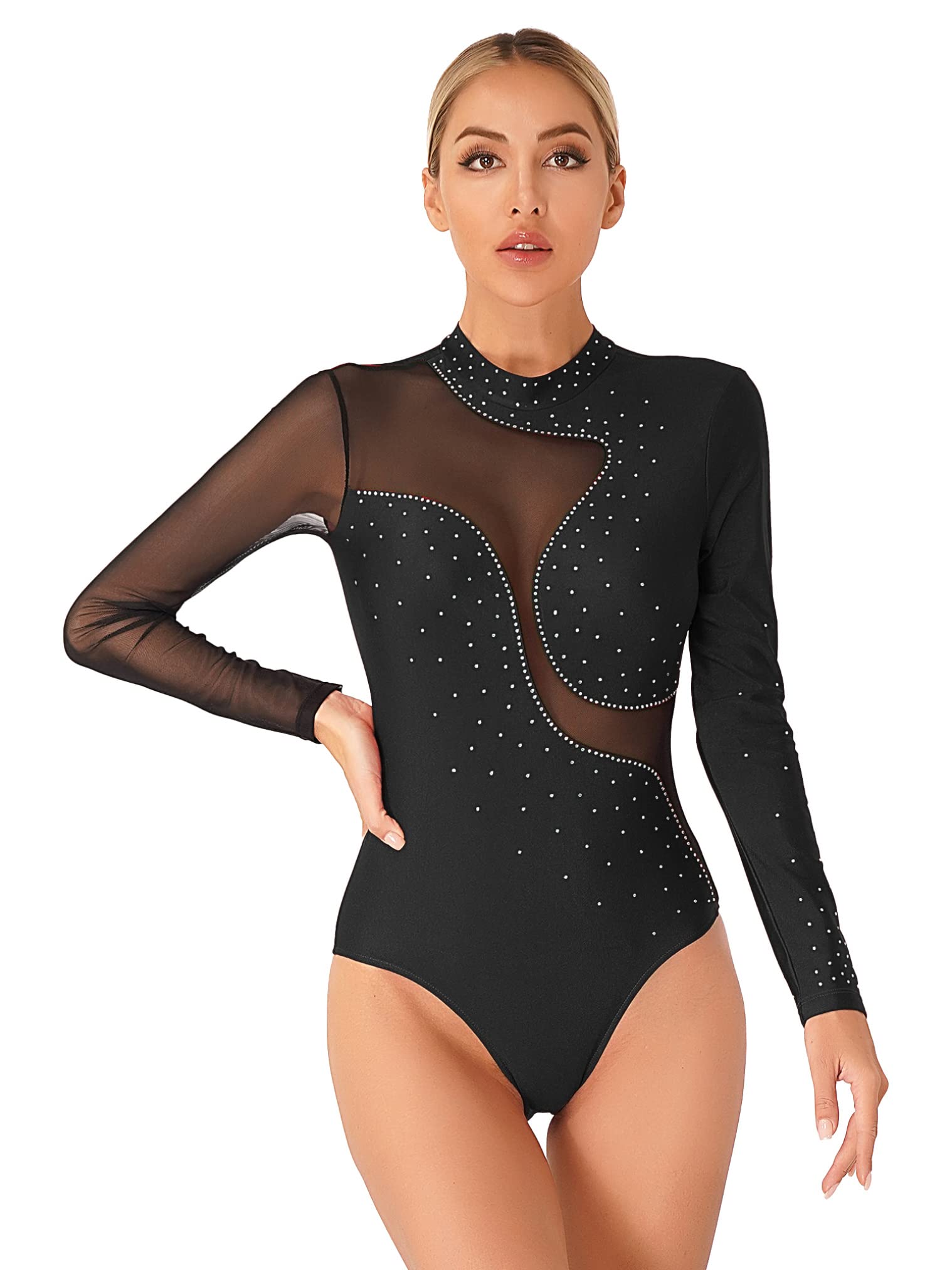 vastwit Women Shiny Rhinestone Ballet Dance Leotard Keyhole Back Mesh Long Sleeve Gymnastics Bodysuit Tops