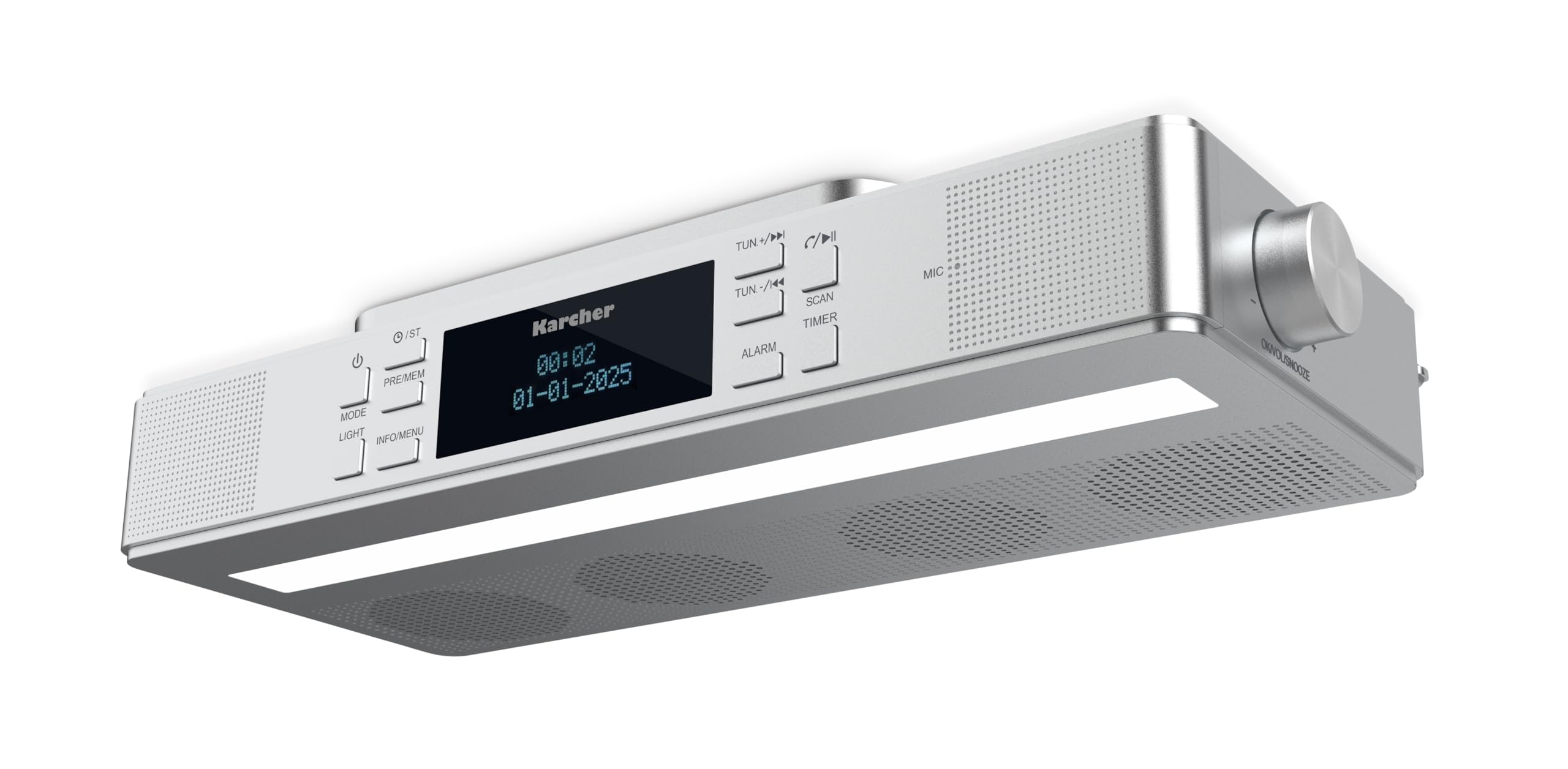 Karcher RA 2038D-S - Radio de Cocina con Radio FM/Dab+, empotrable con Bluetooth y lámpara, Radio Digital con Doble Alarma, Despertador y Temporizador de Cuenta Regresiva, Plata