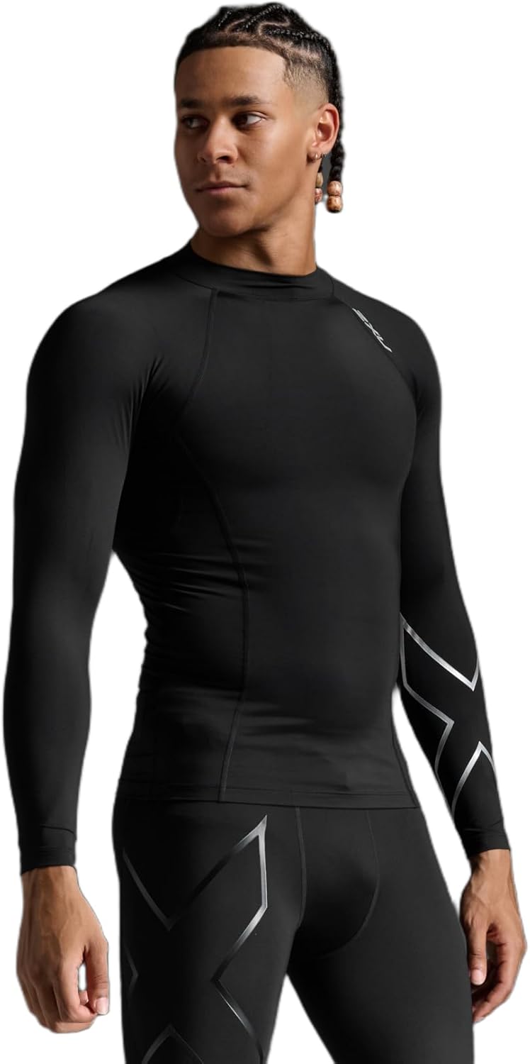 2XU Mens Ignition Compression Long Sleeve Shirt for Training and Fitness, Black/Silver