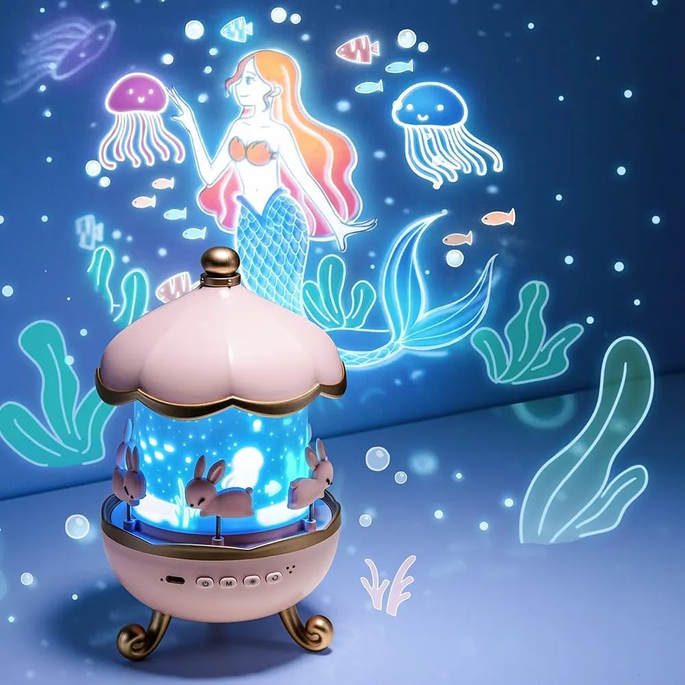 Mermaid Night Light Projector with Musical Carousel, Rotating Underwater LED Effects, Pink & Blue Ocean Theme Bedroom Decor for Kids & Nursery