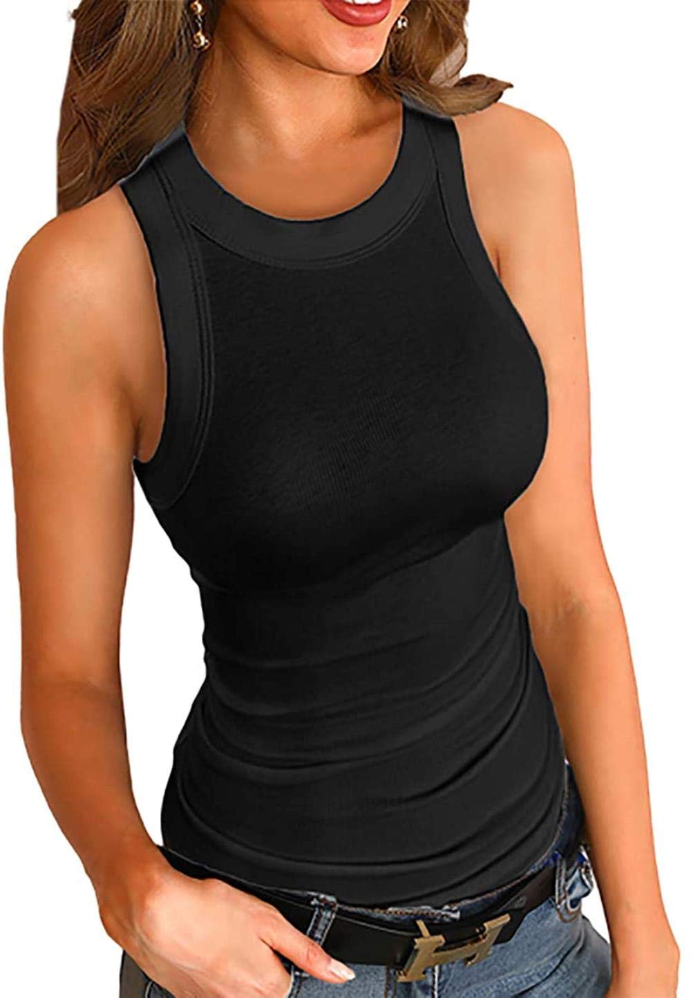 Womens Round Neck Tank Top Solid Color Patterned Ribbed Cami Shirts