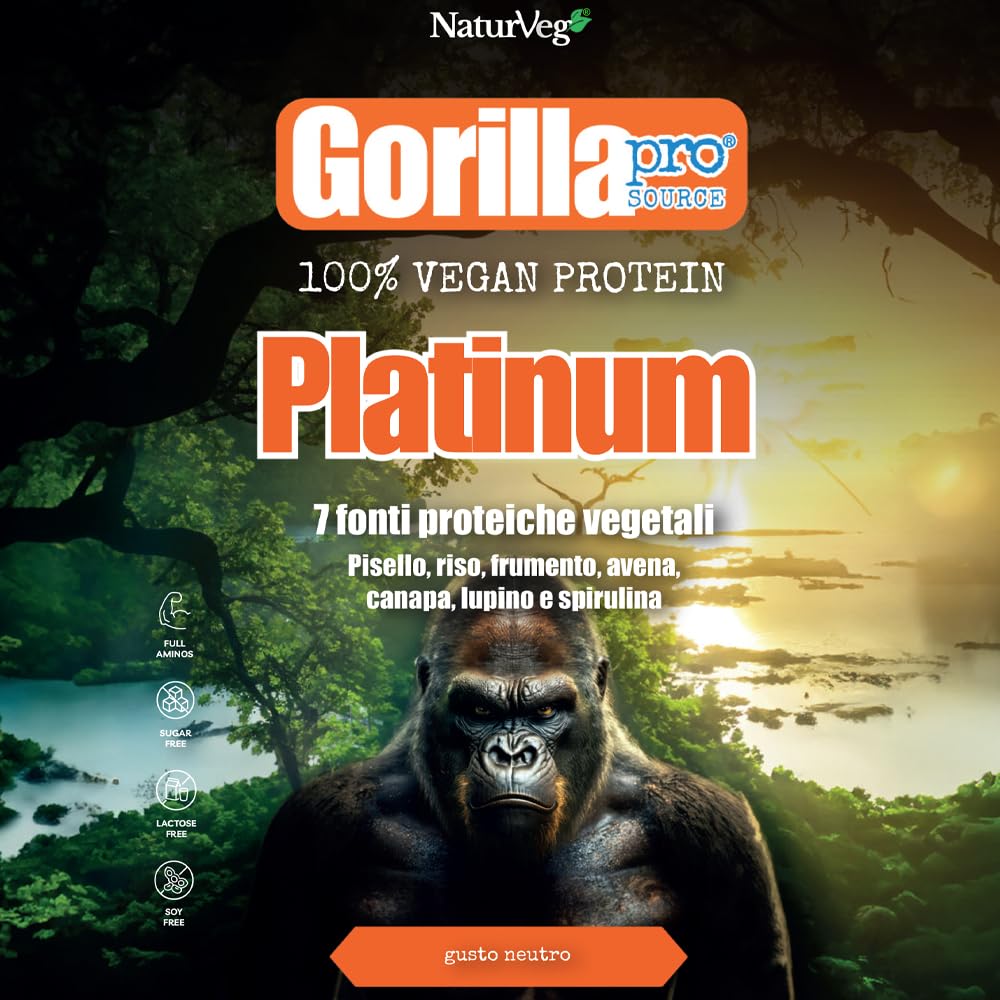Naturveg® GORILLA PRO Platinum - Proteine Vegane in Polvere 1 Kg- Con proteine vegetali di Piselli, Riso, frumento, Avena, Canapa, Lupino, Spirulina (1Kg, Vaniglia)